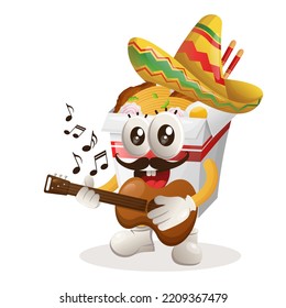 Cute ramen mascot wearing mexican hat with playing guitar. Perfect for food store, small business or e-Commerce, merchandise and sticker, banner promotion, food review blog or vlog channel
