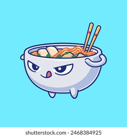 Fideo Ramen Lindo En Ilustración De Icono De Vector De Dibujos Animados De Tazón. Concepto de ícono de objeto alimenticio Vector aislado de Premium. Estilo plano de dibujos animados