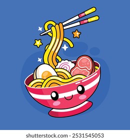 Cute ramen noodle bowl egg and meat with chopstick kawaii vector