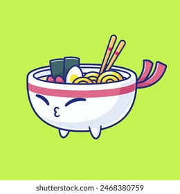 Cute Ramen Noodle Bowl Ninja Cartoon Vector Icon Illustration. Food Holiday Icon Concept Isolated Premium Vector. Flat Cartoon Style