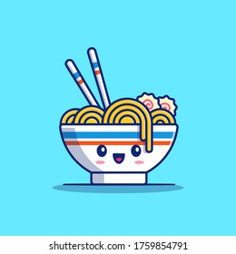 Cute Ramen Noodle Cartoon Vector Icon Illustration. Food Noodle Icon Concept Isolated Premium Vector. Flat Cartoon Style 