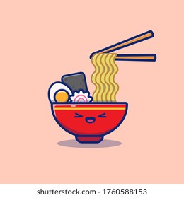 Cute Ramen Noodle Cartoon Vector Icon Illustration. Food Noodle Icon Concept Isolated Premium Vector. Flat Cartoon Style
