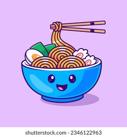 Cute Ramen Noodle With Chopstick Cartoon Vector Icon Illustration. Food Object Icon Concept Isolated Premium Vector. Flat Cartoon Style