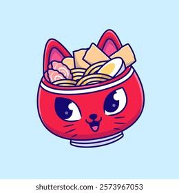 Cute Ramen Noodle With Chopstick In Cat Bowl Cartoon 
Vector Icon Illustration. Animal Food Icon Concept Isolated 
Premium Vector. Flat Cartoon Style 