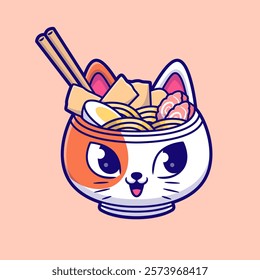 Cute Ramen Noodle With Chopstick In Cat Bowl Cartoon 
Vector Icon Illustration. Animal Food Icon Concept Isolated 
Premium Vector. Flat Cartoon Style 