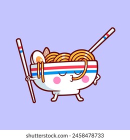 Cute Ramen Noodle Eating Noodle With Chopstick Cartoon Vector Icon Illustration. Food Holiday Icon Concept Isolated Premium Vector. Flat Cartoon Style