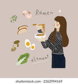 cute ramen noodle element with a girl illustration handdrawn