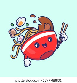 Ilustración del icono del vector de dibujos animados Cute Ramen Noodle Holding Chopstick. Vector Premium Aislado De Icono De Festividad Alimentaria. Estilo de dibujo plano