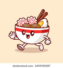 Lindo Ramen Noodle corriendo ilustración de Vector de dibujos animados. Object Food Icon Concept Vector aislado de Premium. Estilo plano de dibujos animados