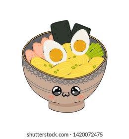 A cute Ramen noodle soup bowl in Japan kawaii style. Ramen isolated on white background. Happy cartoon character anime with a funny face. Vector illustration. Traditional Japanese cuisine dish.