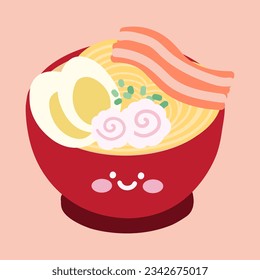 Cute Ramen Vector Illustration. Vector Cartoon Cute Ramen Red Bowl Isolated On Pink Background.	
