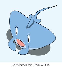 Cute ramp fish isolated on white. Vector flat illustration. Smiling stingray icon. Cartoon sea animal