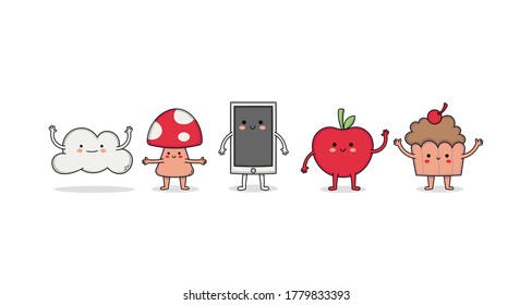 Cute Random Cartoon Character Set 6: cloud, mushroom, phone, apple and cupcake