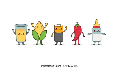 Cute random cartoon character set 11 lemonade glass, corn, battery, chili and milk bottle