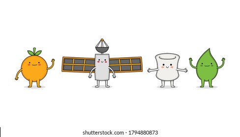 Cute random cartoon character set 12 orange, satellite, marshmallow and wasabi 