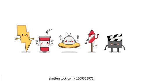 Cute random cartoon character set 15 lightning, drink, firework and film clipboard