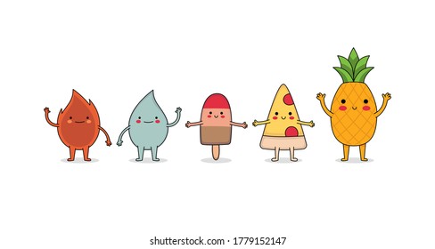 Cute Random Cartoon Characters.  Set 5: fire, water droplet, ice cream, pizza and pineapple