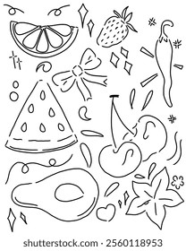 cute random fruit doodles set. seamless pattern with fruits for print, sticker, journal, book, diary etc.