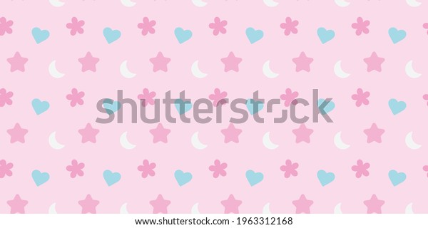 Cute random icons,
star, moon, flower, heart, seamless repeat pattern vector
background, wallpaper
design..