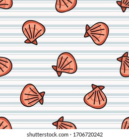 Cute random sea shell cartoon seamless vector pattern. Hand drawn spiral clam tile. All over print for nautical blog, mollusk graphic, ocean home decor.