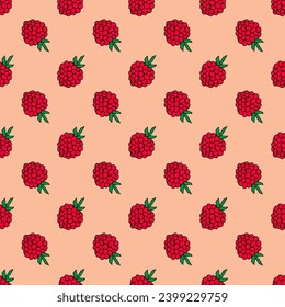 Cute raspberries seamless pattern on the peach fuzz background for modern usage for different goals.