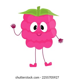 Cute raspberry berry with a smile and a hello gesture in the style of kawaii in vector