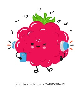 Cute raspberry cartoon character enjoying music with wireless headphones and a smartphone, looking happy and dancing