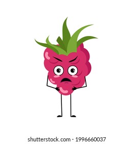 Cute raspberry character with angry emotions, face, arms and legs. The funny or grumpy berry for a cafe. Sweet food, dessert