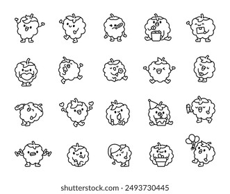 Cute raspberry character. Coloring Page. Adorable berry cartoon food character. Hand drawn style. Vector drawing. Collection of design elements.