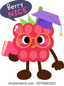 Cute Raspberry Character with Graduation Cap, cartoon fruit, Back to School
