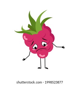 Cute raspberry character with sad emotions, downcast eyes, depressing face, arms and legs. The melancholy sweet food, berry, dessert. Vector flat illustration
