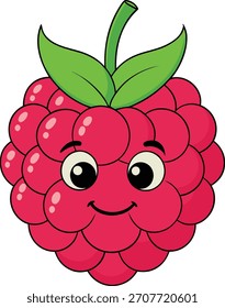 Cute Raspberry Character – Smiling Cartoon Fruit with Leaf and Stem