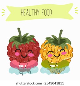 Cute raspberry characters, funny berries, activities, leisure. Hand drawn vector illustration. Organic food, healthy, for kids menu, flyer, advertisement, wrap, label, invitation.