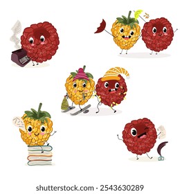 Cute raspberry characters, funny berries, activities, leisure. Hand drawn vector illustration. Organic food, healthy, for kids menu, flyer, advertisement, wrap, label, invitation.