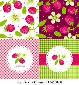 Cute raspberry collection. Paper label and seamless patterns. Gingham, Polka Dot and Berries background.