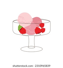 Cute raspberry dessert vector illustration. Sweet dish garnished with mint. Glamor card, menu birthday invitation