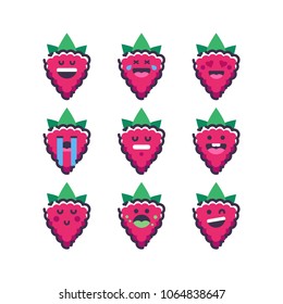 Cute raspberry. Emoji raspberries. Smile berries. Isolated flat vector illustration set on white background