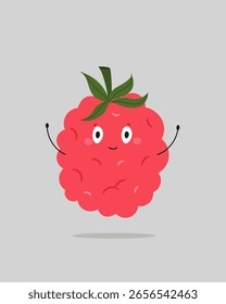 Cute Raspberry with Face and Hands. Funny Fruit, Berry Cartoon Character. Vector Illustration