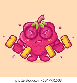 cute raspberry fruit character mascot doing bodybuilding using dumbbell isolated cartoon in flat style design