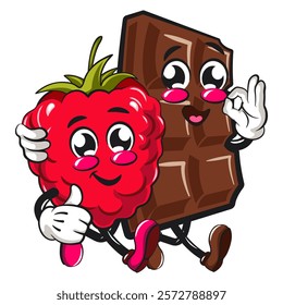 Cute raspberry fruit vektor illustration mascot character walk with a chocolate bar character while giving thumbs up, work of hand drawn