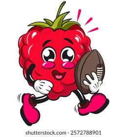 Cute raspberry fruit vektor illustration mascot character playing rugby and american football, work of hand drawn