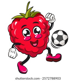 Cute raspberry fruit vektor illustration mascot character playing football or soccer, work of hand drawn