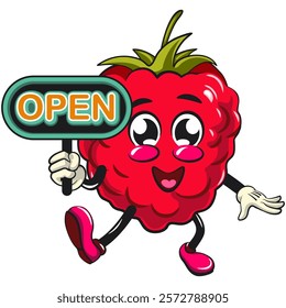 Cute raspberry fruit vektor illustration mascot character showing a sign that says open, work of hand drawn