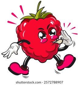 Cute raspberry fruit vektor illustration mascot character blowing the whistle, work of hand drawn