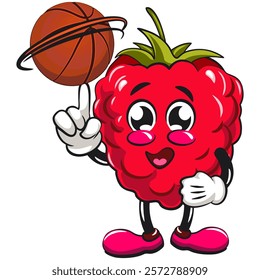 Cute raspberry fruit vektor illustration mascot character spin the basketball with the index finger, work of hand drawn