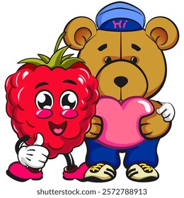 Cute raspberry fruit vektor illustration mascot character walk  with a teddy bear carrying heart character while giving thumbs up, work of hand drawn