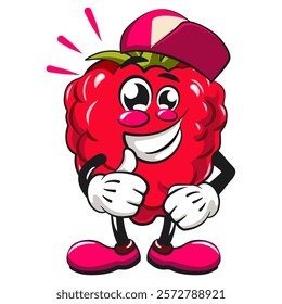 Cute raspberry fruit vektor illustration mascot characterwith big smile wearing a baseball cap while giving a thumbs up, work of hand drawn