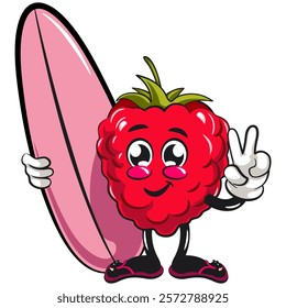 Cute raspberry fruit vektor illustration mascot character with surfboard and gave a peace sign, work of hand drawn