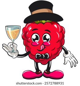 Cute raspberry fruit vektor illustration mascot character wearing hat and bow tie raising a wine glass, work of hand drawn