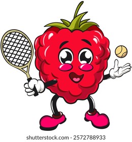 Cute raspberry fruit vektor illustration mascot character playing tennis, work of hand drawn